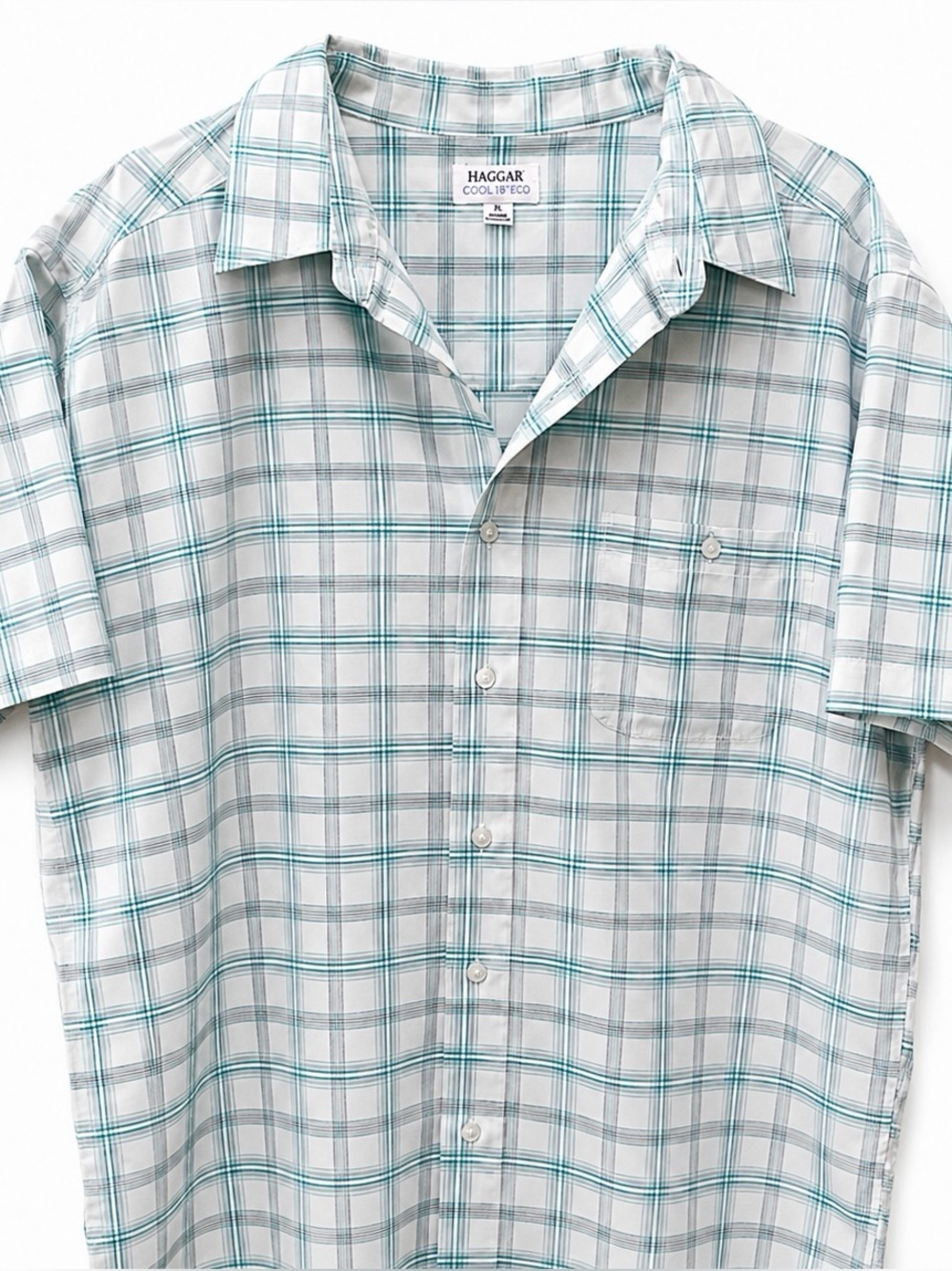 Haggar Men's Teal Plaid Short-Sleeve Button-Down Shirt XL